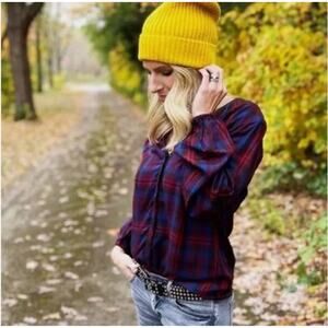 Cabi Caroling Shirt Plaid Blouse Purple Red Blue Bishop Sleeves S